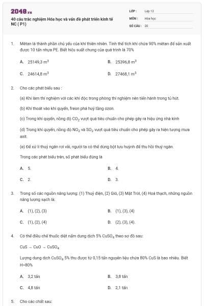 40 câu trắc nghiệm Hóa học và vấn đề phát triển kinh tế NC ( P1)