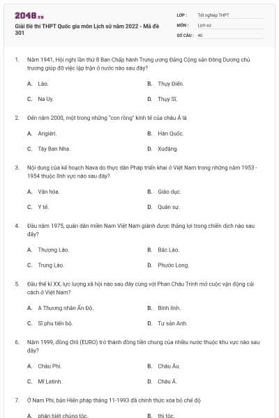Giải Đề thi THPT Quốc gia môn Lịch sử năm 2022 - Mã đề 301