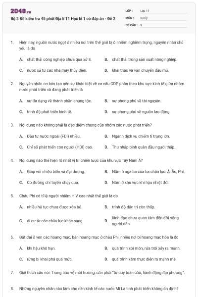 Bộ 3 Đề kiểm tra 45 phút Địa lí 11 Học kì 1 có đáp án - Đề 2