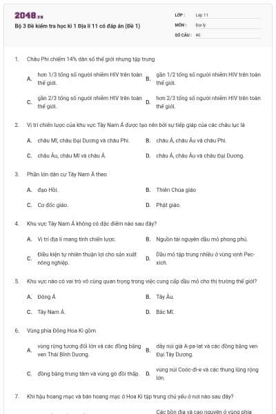 Bộ 3 Đề kiểm tra học kì 1 Địa lí 11 có đáp án (Đề 1)