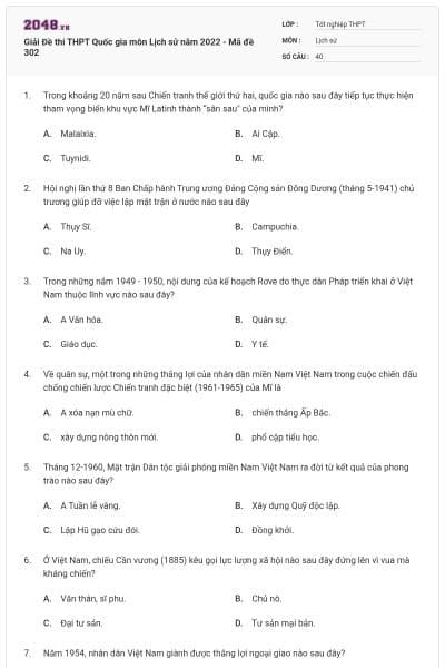 Giải Đề thi THPT Quốc gia môn Lịch sử năm 2022 - Mã đề 302