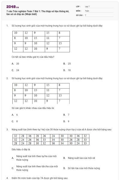 7 câu Trắc nghiệm Toán 7 Bài 1: Thu thập số liệu thống kê, tần số có đáp án (Nhận biết)