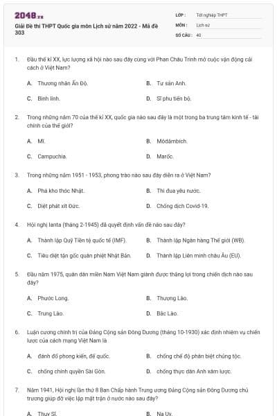 Giải Đề thi THPT Quốc gia môn Lịch sử năm 2022 - Mã đề 303