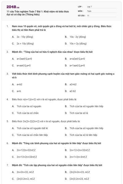 11 câu Trắc nghiệm Toán 7 Bài 1: Khái niệm về biểu thức đại số có đáp án (Thông hiểu)