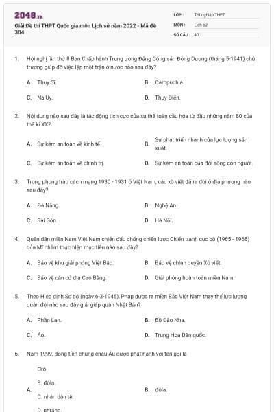 Giải Đề thi THPT Quốc gia môn Lịch sử năm 2022 - Mã đề 304