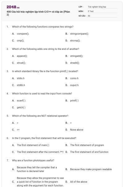 400 Câu hỏi trắc nghiệm lập trình C/C++ có đáp án (Phần 2)