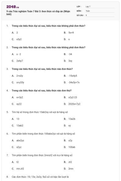 9 câu Trắc nghiệm Toán 7 Bài 3: Đơn thức có đáp án (Nhận biết)