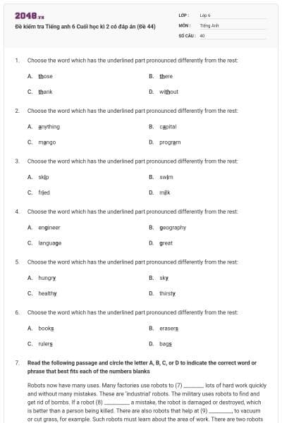 Đề kiểm tra Tiếng anh 6 Cuối học kì 2 có đáp án (Đề 44)
