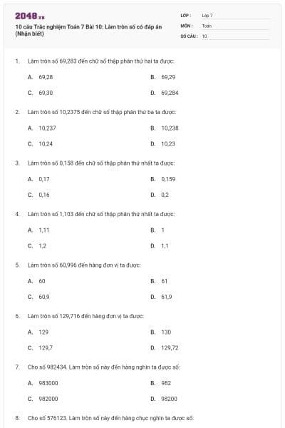 10 câu Trắc nghiệm Toán 7 Bài 10: Làm tròn số có đáp án (Nhận biết)