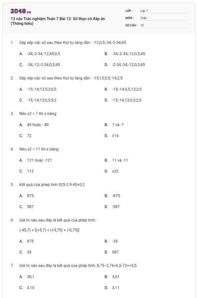 13 câu Trắc nghiệm Toán 7 Bài 12: Số thực có đáp án (Thông hiểu)