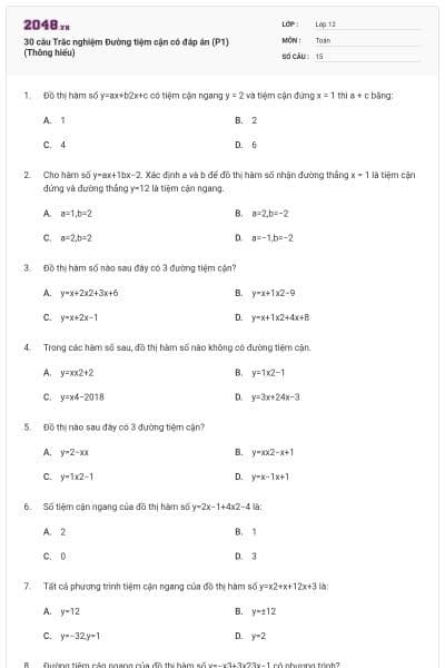 30 câu Trắc nghiệm Đường tiệm cận có đáp án (P1) (Thông hiểu)