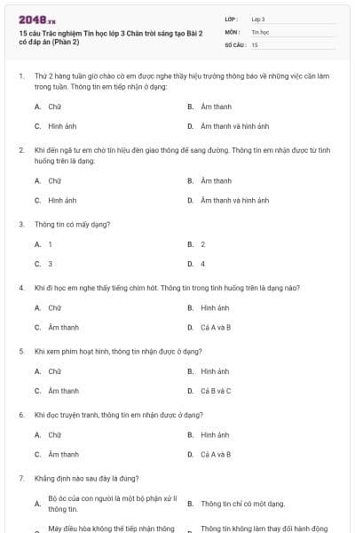 15 câu Trắc nghiệm Tin học lớp 3 Chân trời sáng tạo Bài 2 có đáp án (Phần 2)