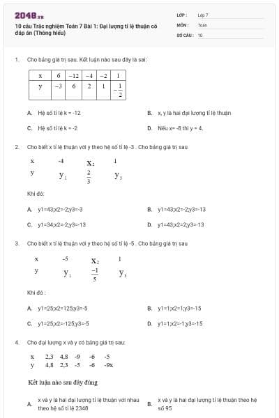 10 câu Trắc nghiệm Toán 7 Bài 1: Đại lượng tỉ lệ thuận có đáp án (Thông hiểu)