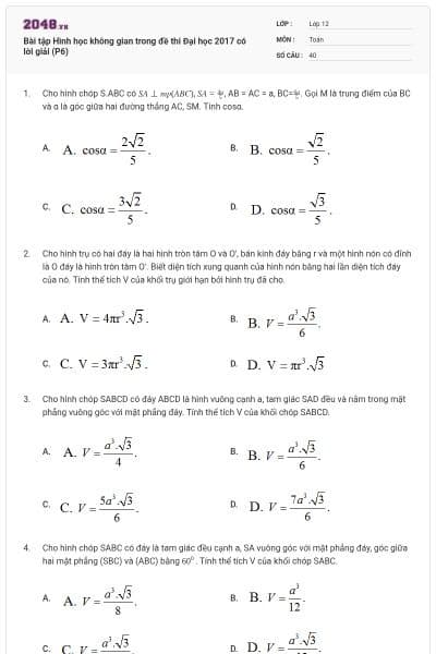 Bài tập Hình học không gian trong đề thi Đại học 2017 có lời giải (P6)