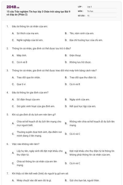 15 câu Trắc nghiệm Tin học lớp 3 Chân trời sáng tạo Bài 9 có đáp án (Phần 2)