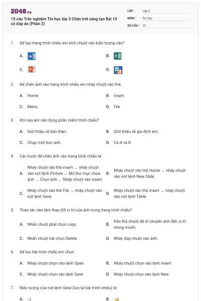 15 câu Trắc nghiệm Tin học lớp 3 Chân trời sáng tạo Bài 10 có đáp án (Phần 2)