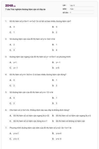7 câu Trắc nghiệm Đường tiệm cận có đáp án