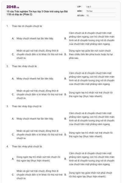 15 câu Trắc nghiệm Tin học lớp 3 Chân trời sáng tạo Bài 11B có đáp án (Phần 2)