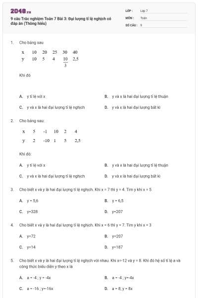 9 câu Trắc nghiệm Toán 7 Bài 3: Đại lượng tỉ lệ nghịch có đáp án (Thông hiểu)