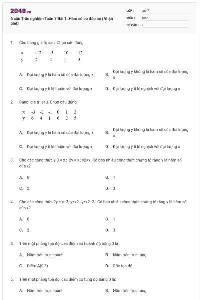 6 câu Trắc nghiệm Toán 7 Bài 1: Hàm số có đáp án (Nhận biết)