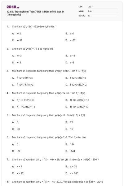 12 câu Trắc nghiệm Toán 7 Bài 1: Hàm số có đáp án (Thông hiểu)
