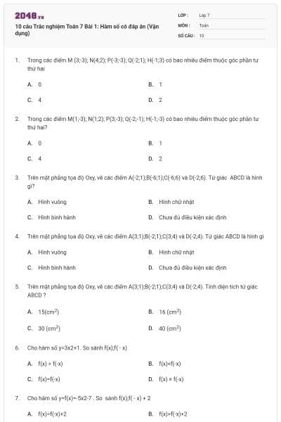 10 câu Trắc nghiệm Toán 7 Bài 1: Hàm số có đáp án (Vận dụng)