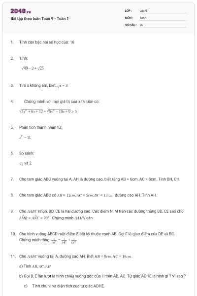 Bài tập theo tuần Toán 9 - Tuần 1