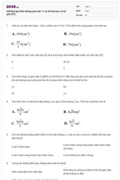 260 Bài tập Hình không gian lớp 11 ôn thi Đại học có lời giải (P2)