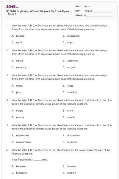 Bộ 30 Đề thi giữa học kì 2 môn Tiếng Anh lớp 11 có đáp án - Đề số 7