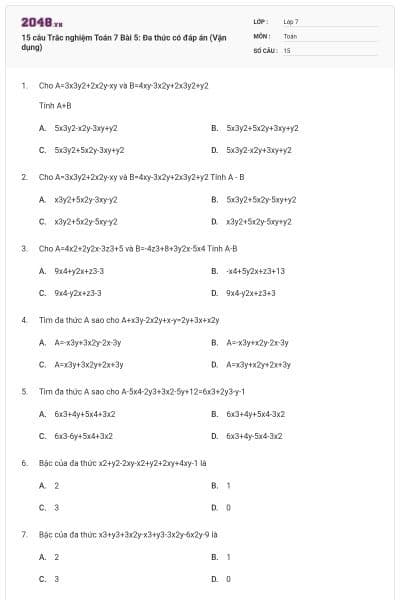 15 câu Trắc nghiệm Toán 7 Bài 5: Đa thức có đáp án (Vận dụng)