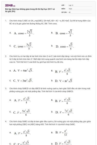 Bài tập Hình học không gian trong đề thi Đại học 2017 có lời giải (P6)