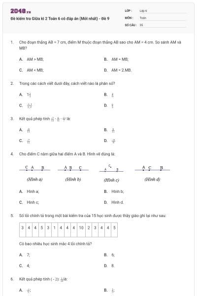 Đề kiểm tra Giữa kì 2 Toán 6 có đáp án (Mới nhất) - Đề 9