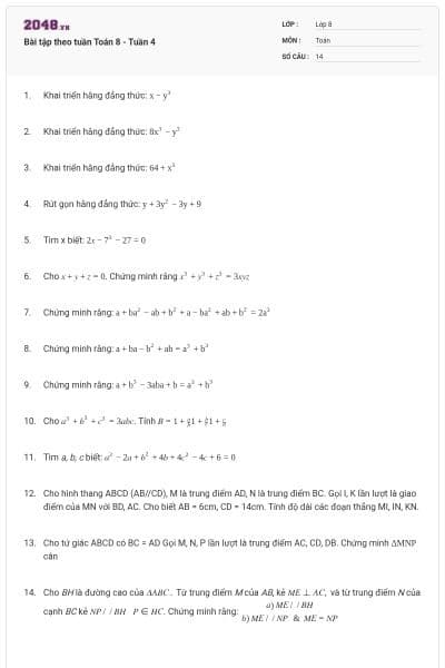 Bài tập theo tuần Toán 8 - Tuần 4