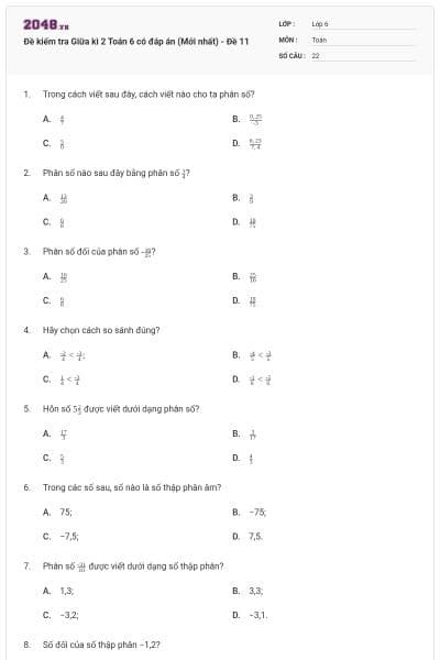 Đề kiểm tra Giữa kì 2 Toán 6 có đáp án (Mới nhất) - Đề 11