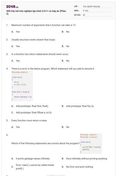 400 Câu hỏi trắc nghiệm lập trình C/C++ có đáp án (Phần 3)