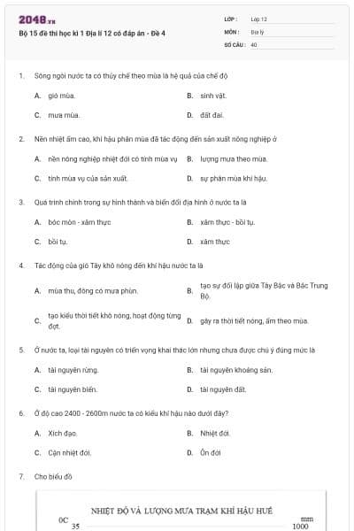 Bộ 15 đề thi học kì 1 Địa lí 12 có đáp án - Đề 4