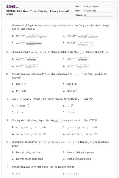 ĐGTD ĐH Bách khoa - Tư duy Toán học - Phương trình mặt phẳng