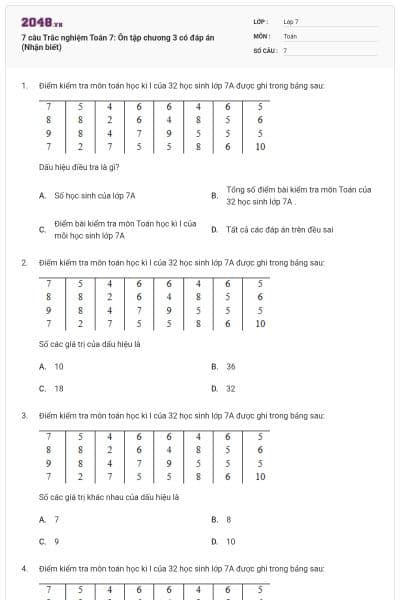 7 câu Trắc nghiệm Toán 7: Ôn tập chương 3 có đáp án (Nhận biết)