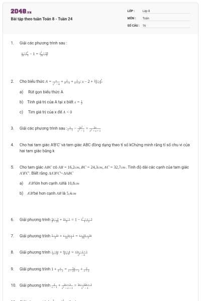 Bài tập theo tuần Toán 8 - Tuần 24