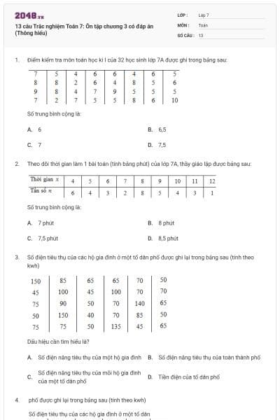13 câu Trắc nghiệm Toán 7: Ôn tập chương 3 có đáp án (Thông hiểu)