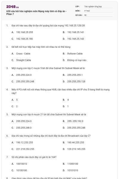 630 câu hỏi trắc nghiệm môn Mạng máy tính có đáp án - Phần 7