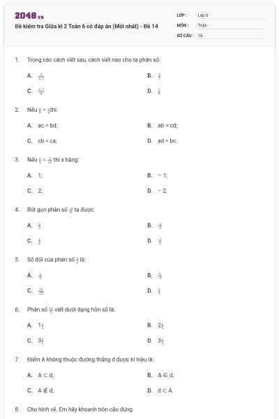 Đề kiểm tra Giữa kì 2 Toán 6 có đáp án (Mới nhất) - Đề 14