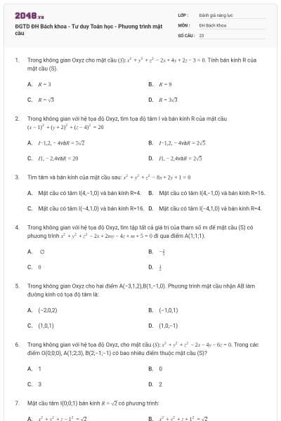 ĐGTD ĐH Bách khoa - Tư duy Toán học - Phương trình mặt cầu