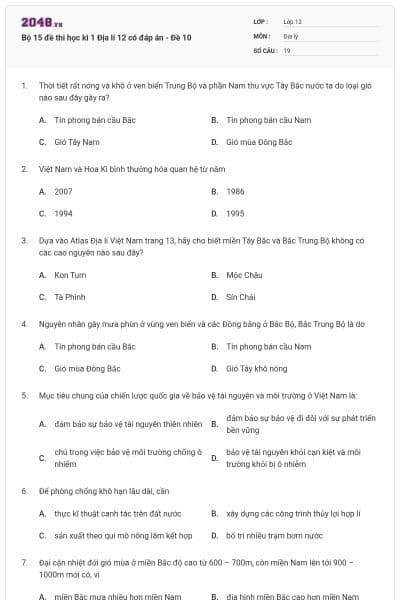 Bộ 15 đề thi học kì 1 Địa lí 12 có đáp án - Đề 10
