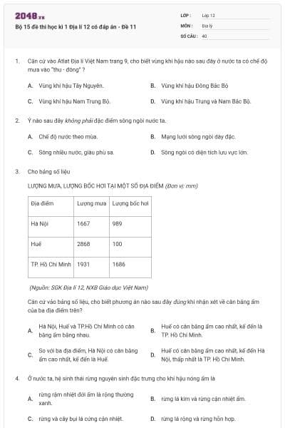 Bộ 15 đề thi học kì 1 Địa lí 12 có đáp án - Đề 11