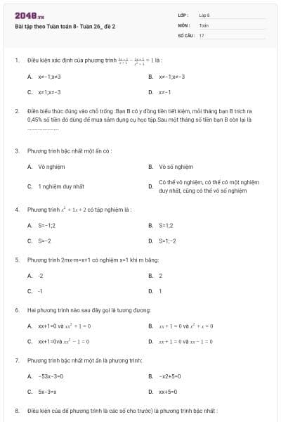 Bài tập theo Tuần toán 8- Tuần 26_ đề 2