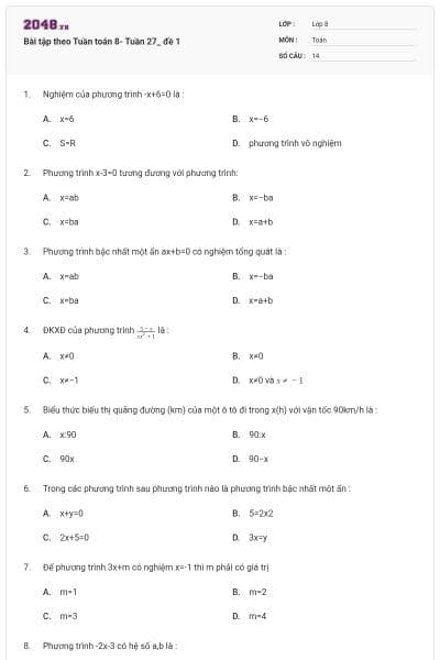 Bài tập theo Tuần toán 8- Tuần 27_ đề 1