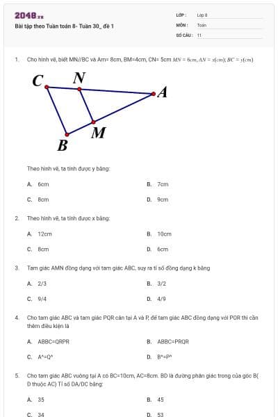 Bài tập theo Tuần toán 8- Tuần 30_ đề 1