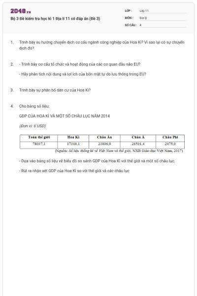 Bộ 3 Đề kiểm tra học kì 1 Địa lí 11 có đáp án (Đề 3)