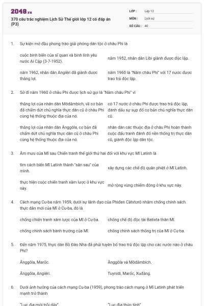 370 câu trắc nghiệm Lịch Sử Thế giới lớp 12 có đáp án (P3)